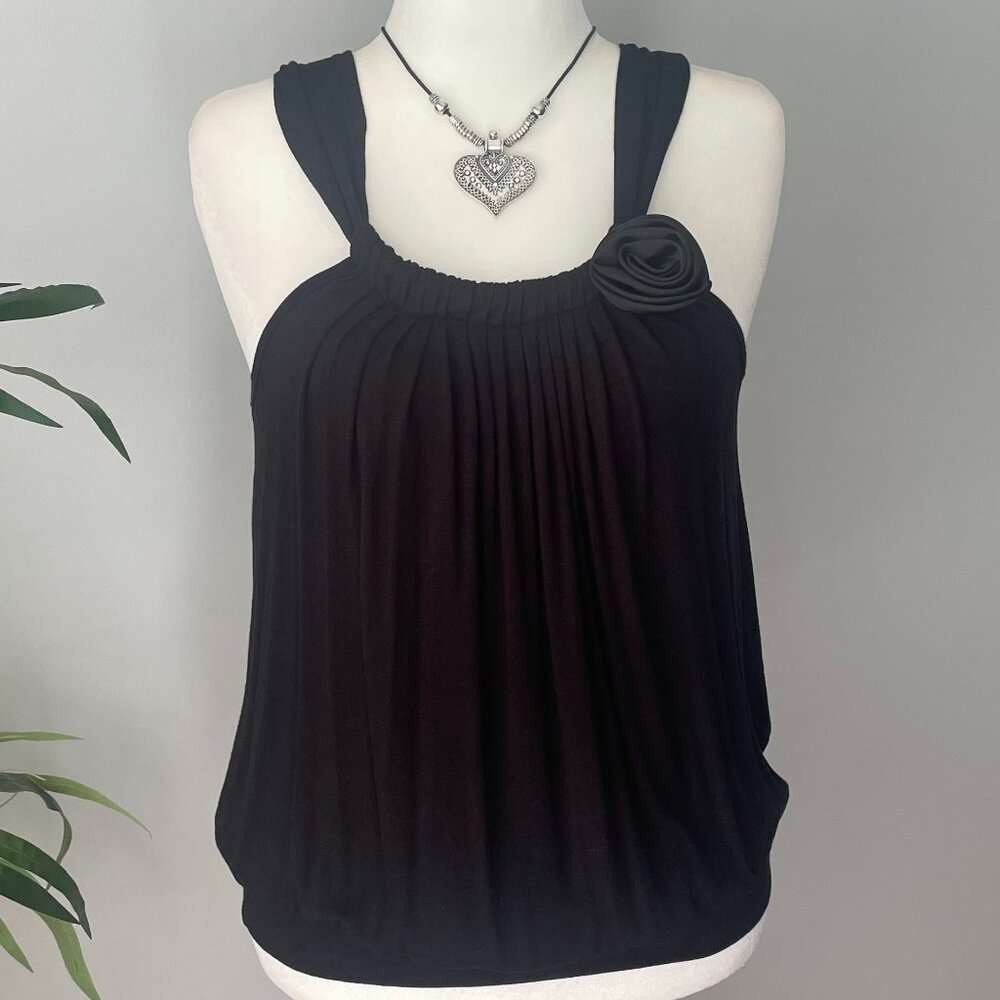 Pronto USA Women's Size M Black Pullover Blouson Top Shoulder Straps Soft Jersey